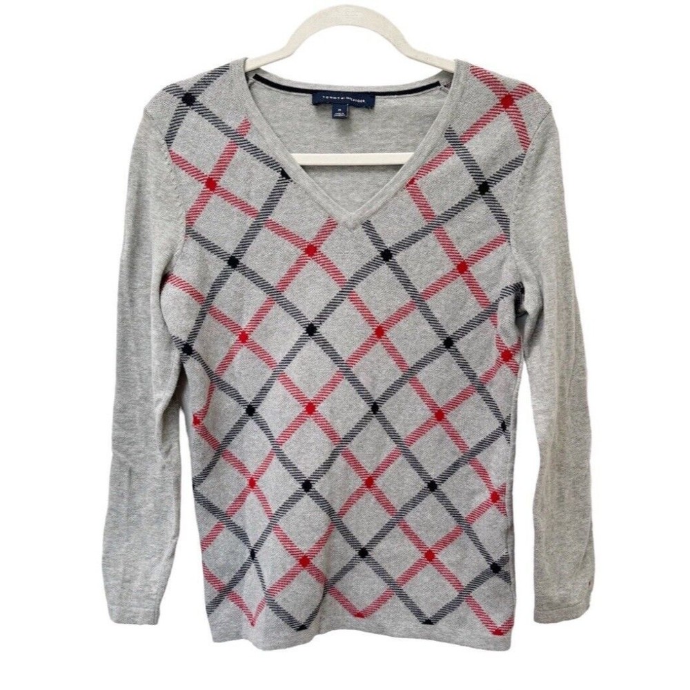 Tommy Hilfiger Women’s Size Medium Gray Cotton Diagonal Plaid‎ V-neck Sweater
